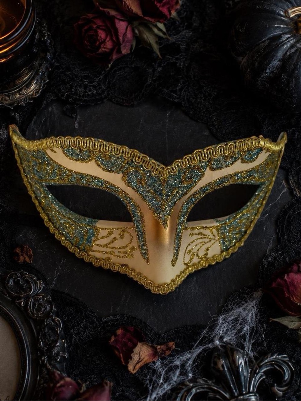 Gold & Teal Glitter Venetian Masquerade Mask Costume Accessory
